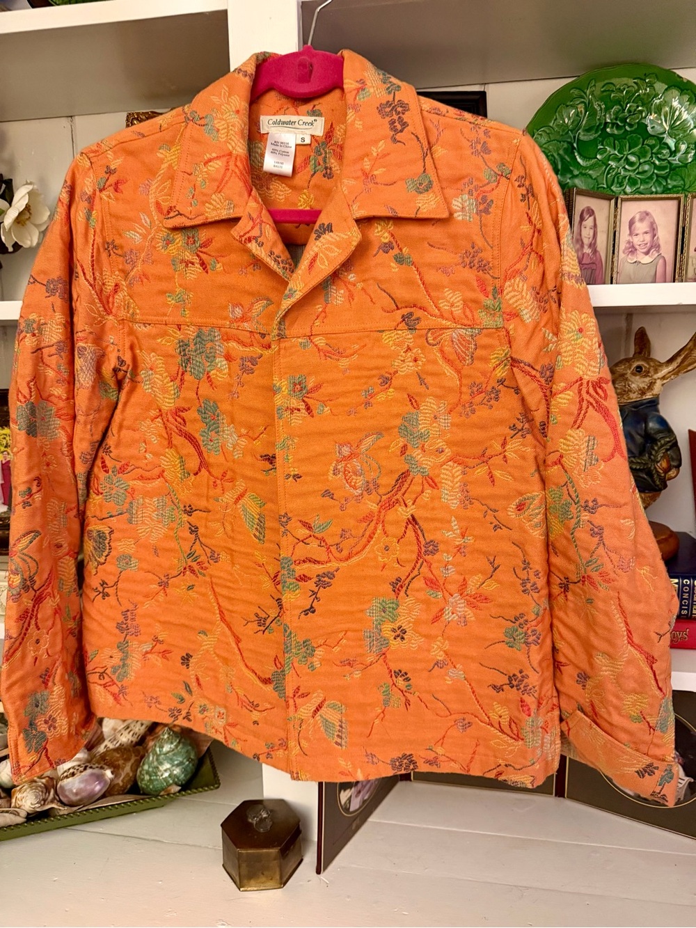 Coldwater Creek orange floral lightly quilted Jacket; Jean jacket construction